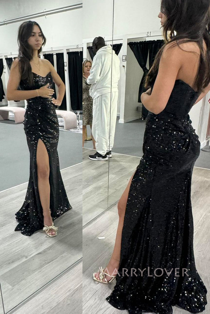 Strapless Mermaid Black Sequins Long Evening Prom Dresses, High Slit Prom Dress, MR0157