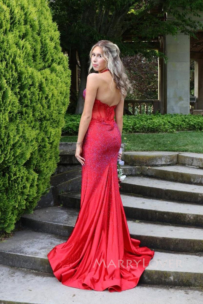 Mermaid Halter Red Sparkly Long Evening Prom Dresses, Mermaid Prom Dress, MR0162