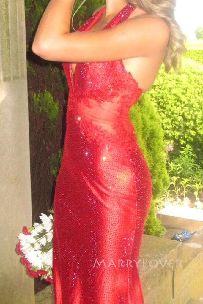 Mermaid Halter Red Sparkly Long Evening Prom Dresses, Mermaid Prom Dress, MR0162