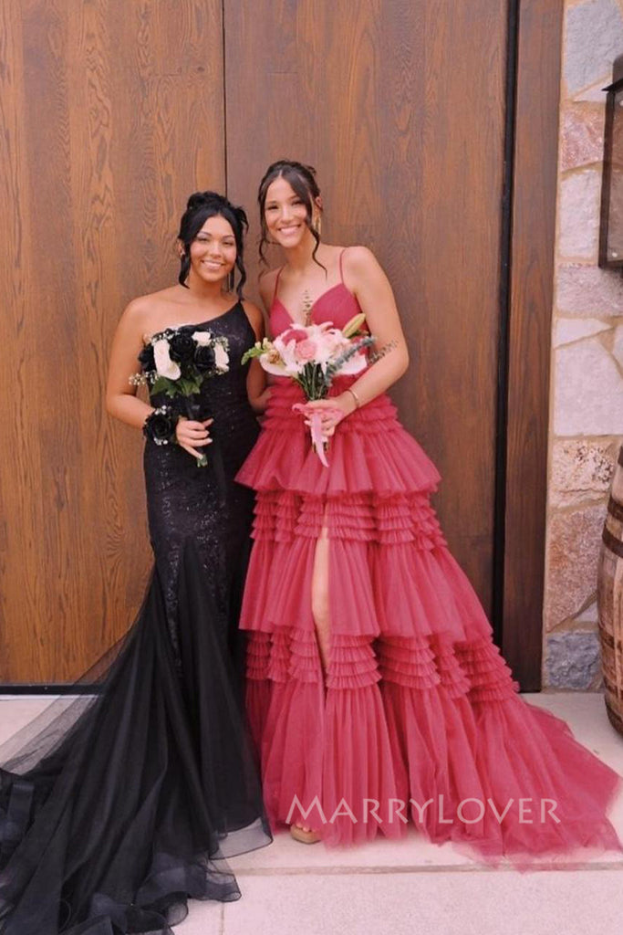 Formal A-line Tulle Spaghetti Straps V-neck Long Evening Prom Dresses, MR0163