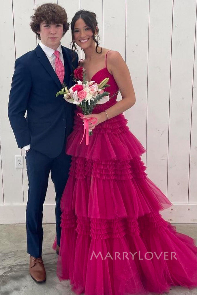 Formal A-line Tulle Spaghetti Straps V-neck Long Evening Prom Dresses, MR0163