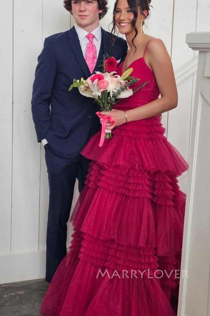 Formal A-line Tulle Spaghetti Straps V-neck Long Evening Prom Dresses, MR0163