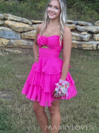 Pink Chiffon Sweetheart Short Evening Prom Dresses, Backless Homecoming Dress, MR0164