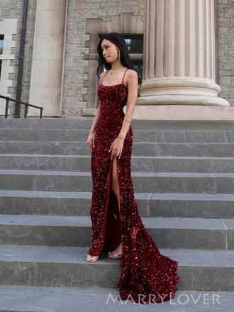 Elegant Red Sequins Spaghetti Straps Long Evening Prom Dresses, Mermaid Prom Dress, MR0165