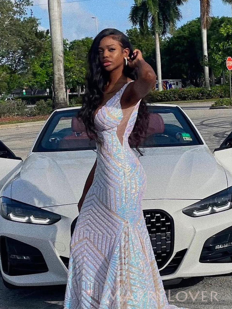 Deep V-neck White Sequins Mermaid Long Evening Prom Dresses, V-back Prom Dress, MR0167