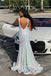 Deep V-neck White Sequins Mermaid Long Evening Prom Dresses, V-back Prom Dress, MR0167