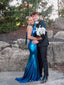 Sheath Blue Mermaid V-neck Long Evening Prom Dresses, MR0169