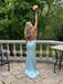 Light Blue Mermaid Backless V-neck Long Evening Prom Dresses, MR0171