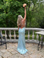 Light Blue Mermaid Backless V-neck Long Evening Prom Dresses, MR0171