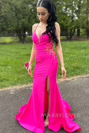Unique Pink Mermaid Appliques Long Evening Prom Dresses, MR0172