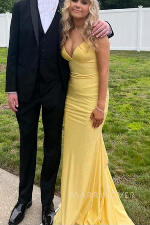 Spaghetti Straps Yellow Mermaid Sparkly Long Evening Prom Dresses, V-neck Prom Dress, MR0173