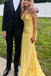 Spaghetti Straps Yellow Mermaid Sparkly Long Evening Prom Dresses, V-neck Prom Dress, MR0173
