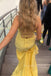 Spaghetti Straps Yellow Mermaid Sparkly Long Evening Prom Dresses, V-neck Prom Dress, MR0173
