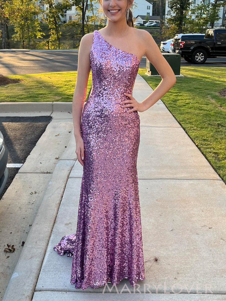 Purple Sequins Mermaid One Shoulder Long Evening Prom Dresses, MR0174