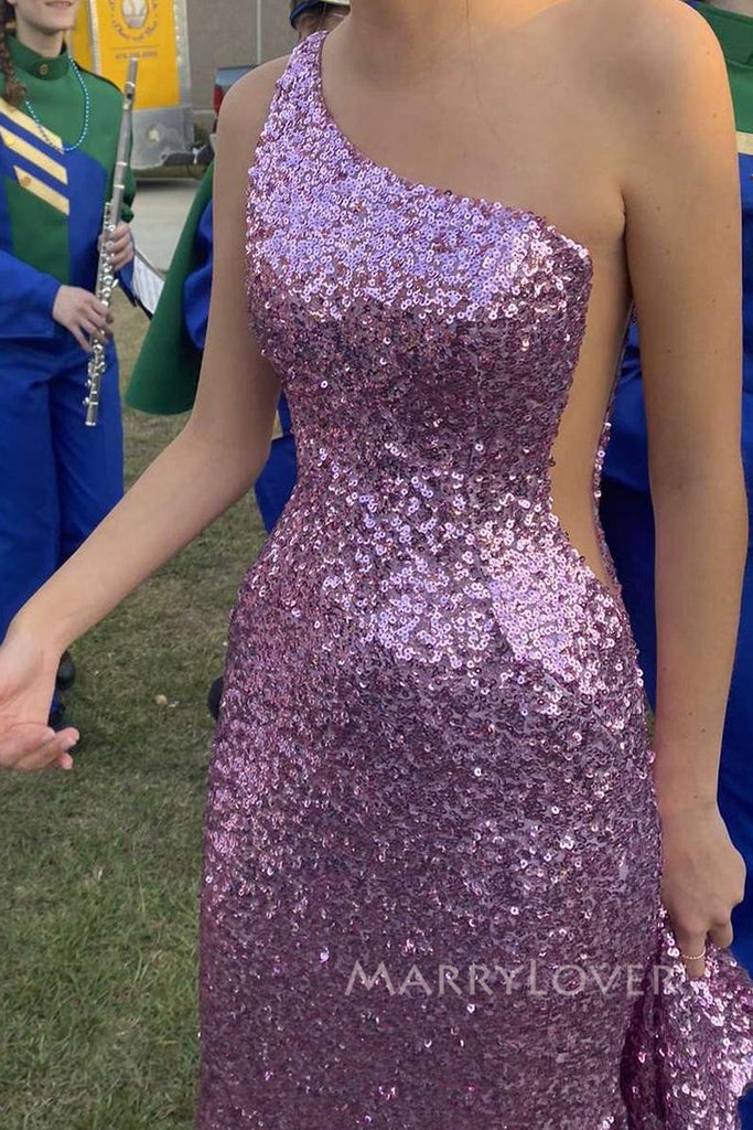 Purple Sequins Mermaid One Shoulder Long Evening Prom Dresses, MR0174