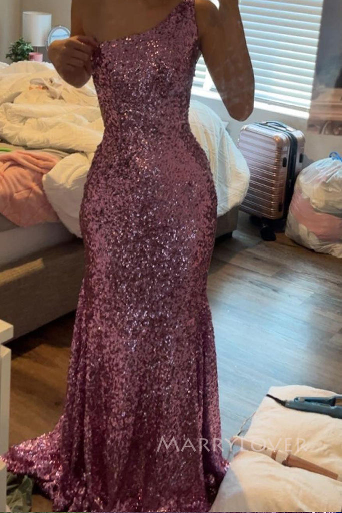 Purple Sequins Mermaid One Shoulder Long Evening Prom Dresses, MR0174