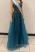 Blue Tulle Appliques Spaghetti Straps Side Slit Long Evening Prom Dresses A-line, MR0175