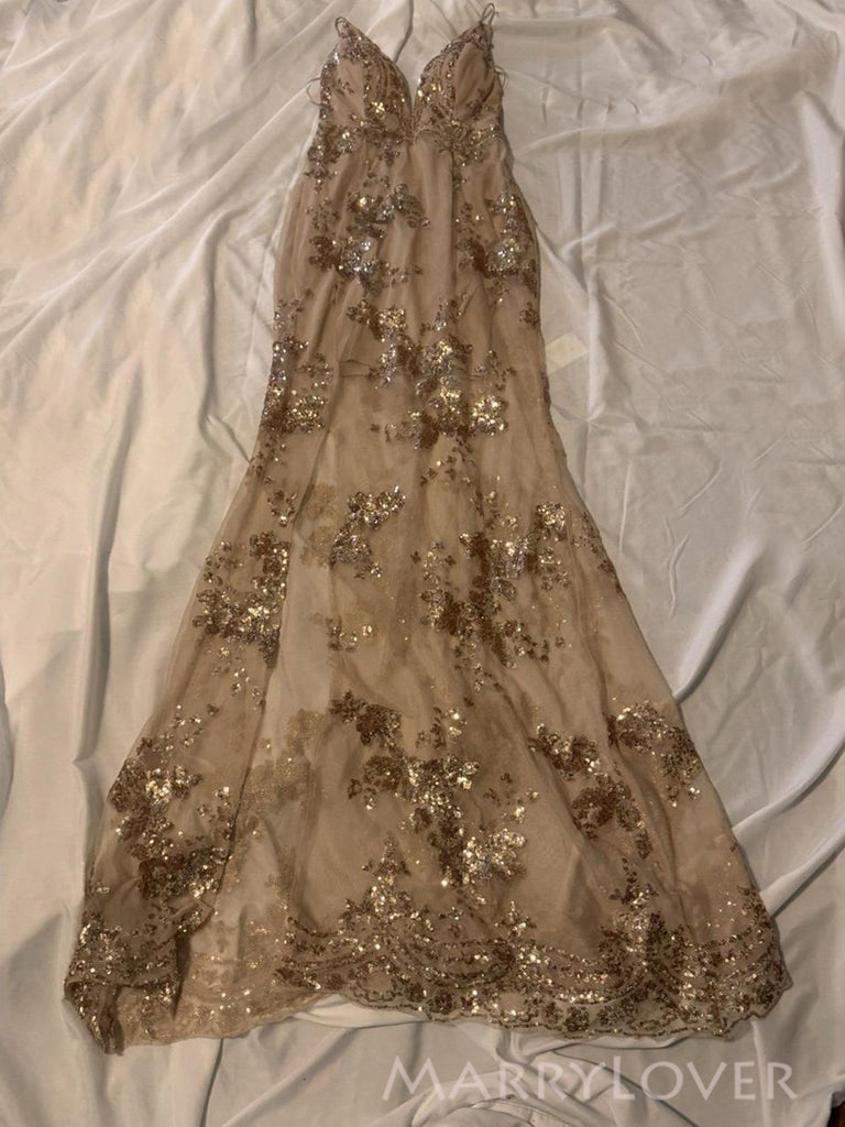 Gold Lace Spaghetti Straps Mermaid Long Evening Prom Dresses , MR0178