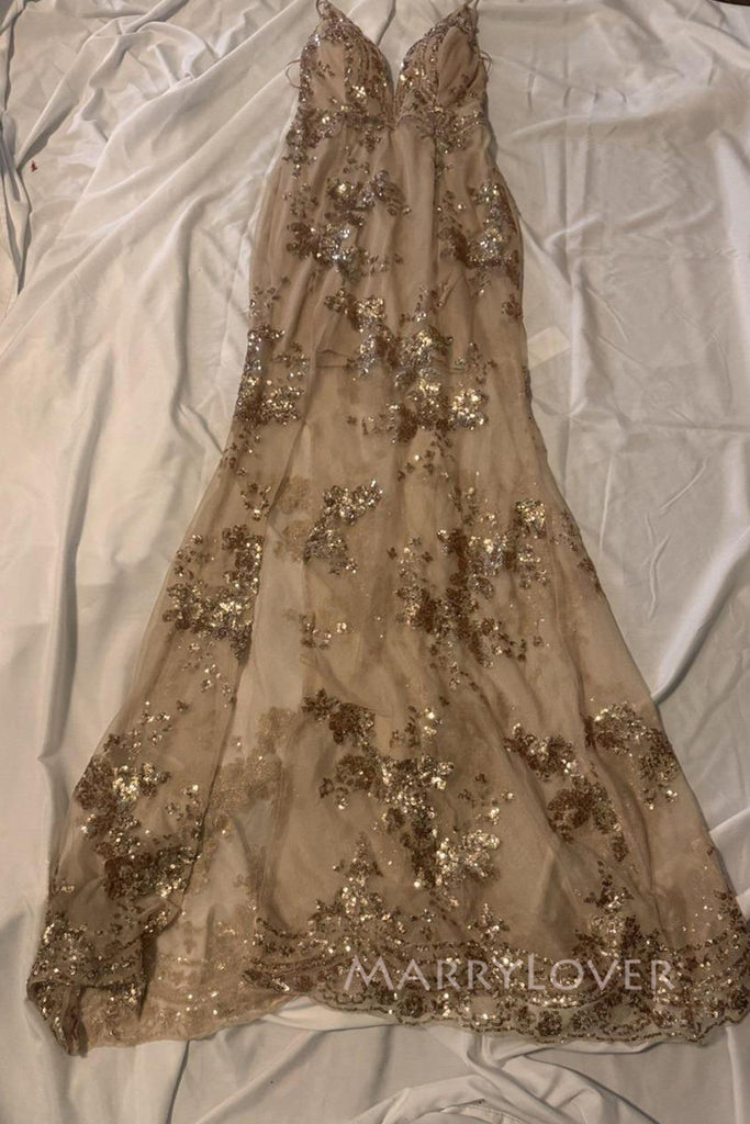 Gold Lace Spaghetti Straps Mermaid Long Evening Prom Dresses , MR0178