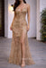 Gold Lace Spaghetti Straps Mermaid Long Evening Prom Dresses , MR0178