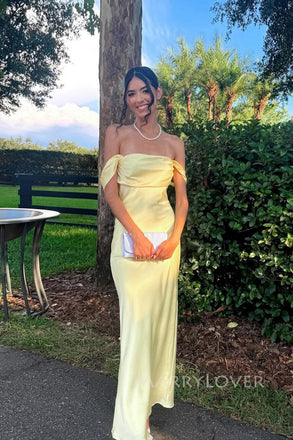 Yellow Satin Gorgeous Off Shoulder Long Evening Prom Dresses, MR0184