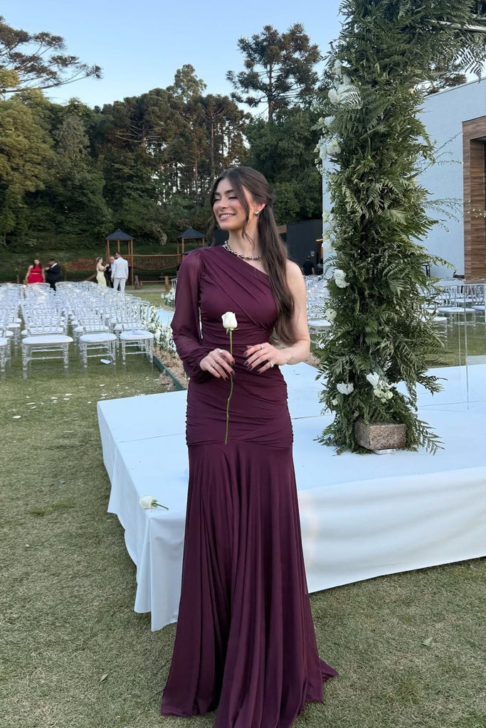 Elegant Long Sleeves One Shoulder Chiffon Long Evening Prom Dresses, MR0192