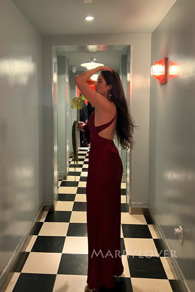 Elegant Burgundy Satin Mermaid Deep V-neck Long Evening Prom Dresses, MR0193