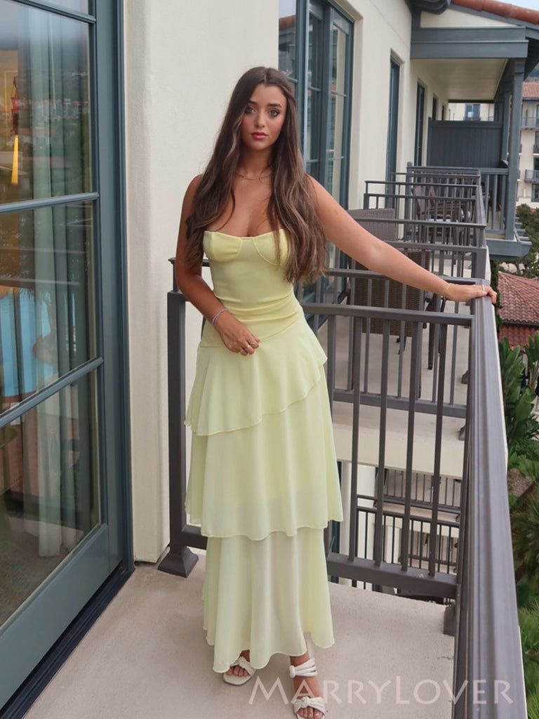 Light Yellow Chiffon Long Evening Prom Dresses, Spaghetti Straps Prom Dress, MR0194
