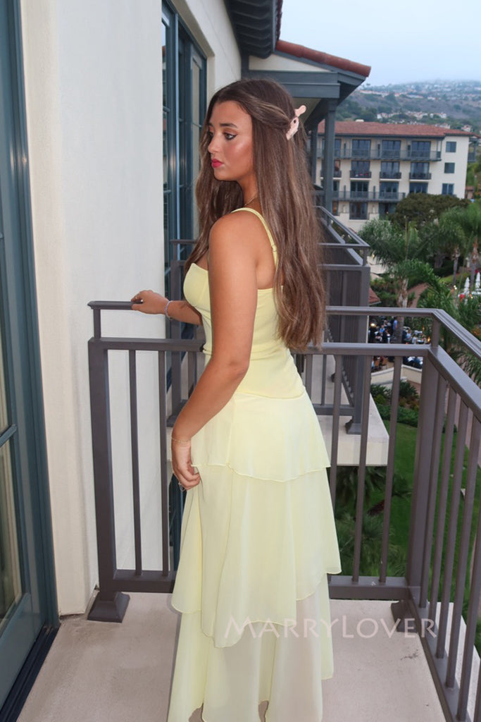 Light Yellow Chiffon Long Evening Prom Dresses, Spaghetti Straps Prom Dress, MR0194