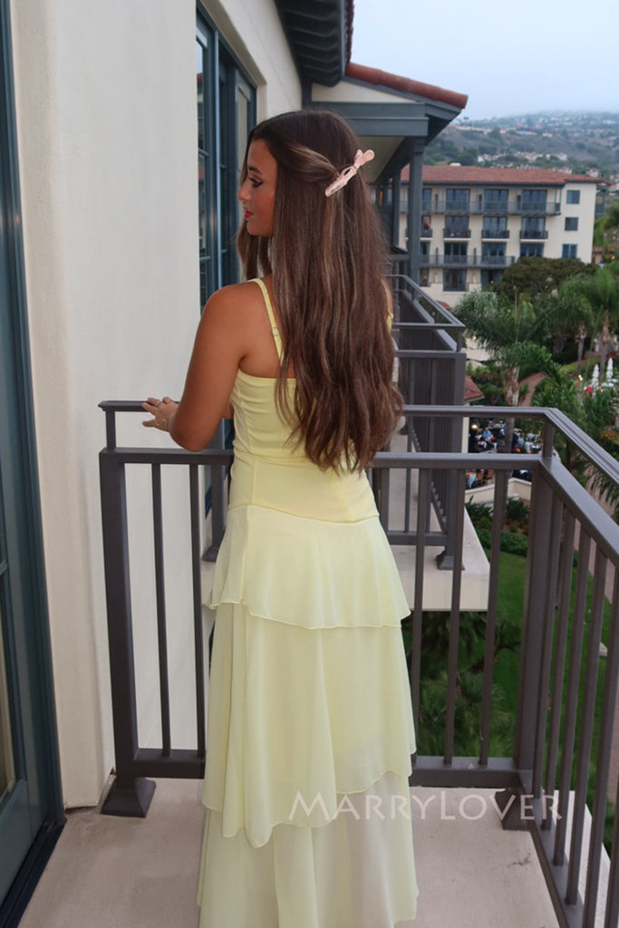 Light Yellow Chiffon Long Evening Prom Dresses, Spaghetti Straps Prom Dress, MR0194