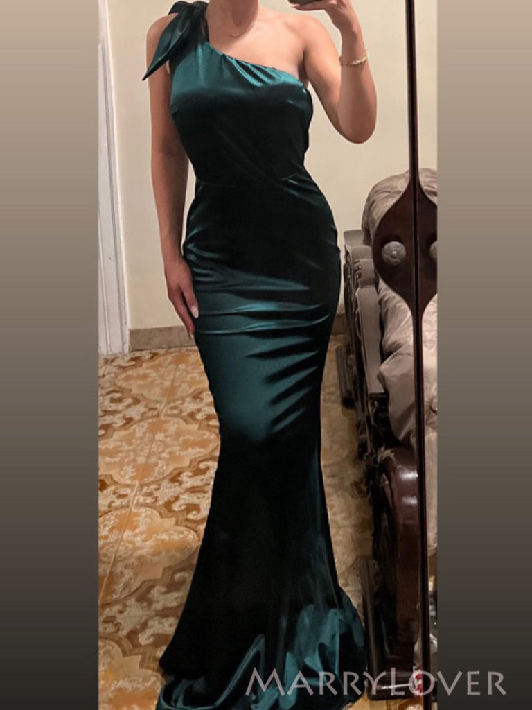 Dark Green Satin Mermaid One Shoulder Long Evening Prom Dresses, MR0197