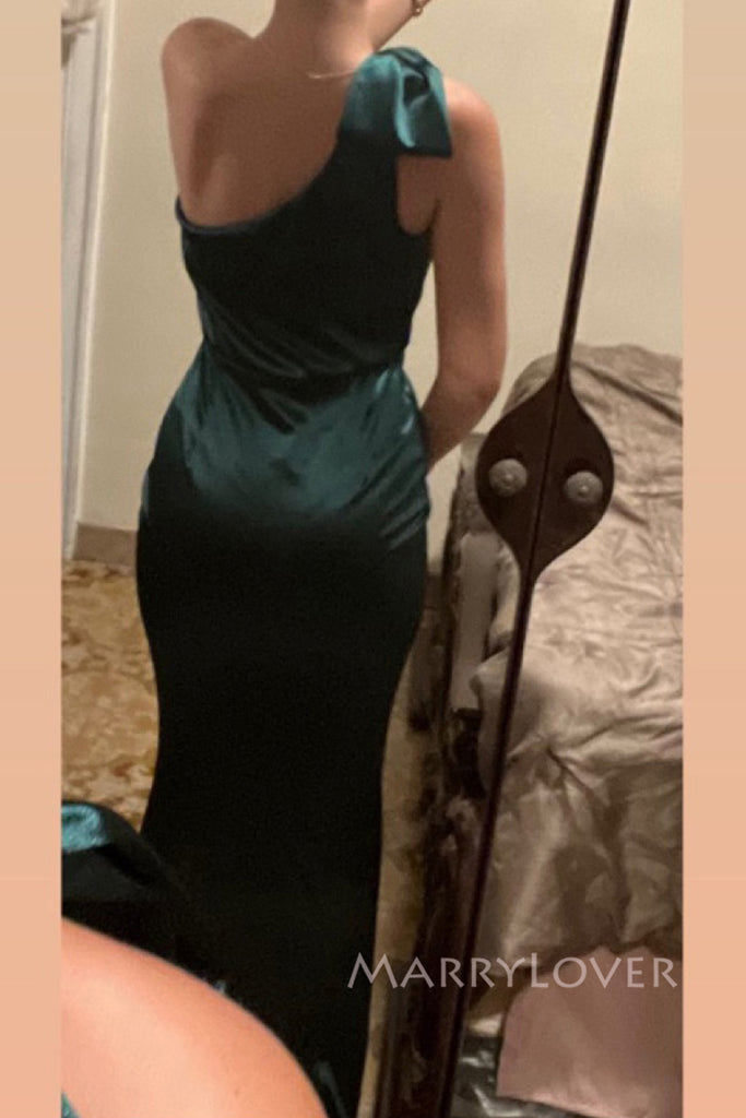 Dark Green Satin Mermaid One Shoulder Long Evening Prom Dresses, MR0197