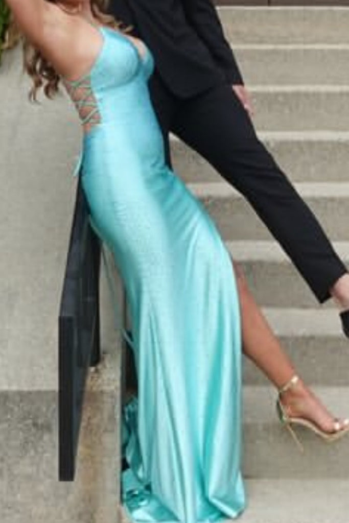V-neck Green Sparkly Mermaid Long Evening Prom Dresses, MR0199
