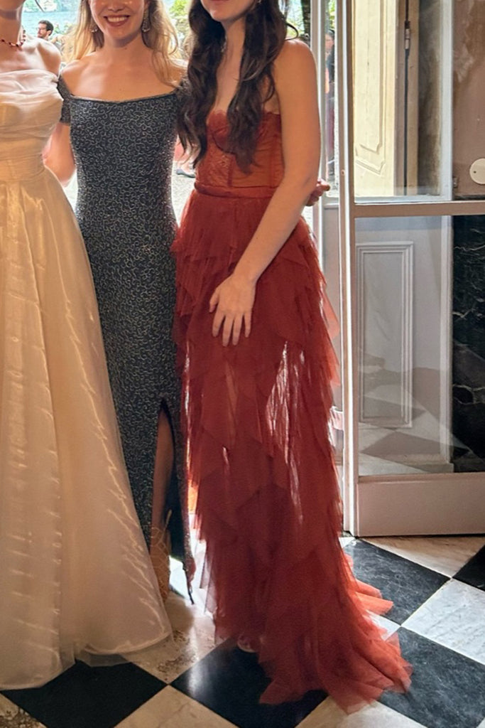 Rust Tulle Lace Sweetheart Long Evening Prom Dresses, MR0200