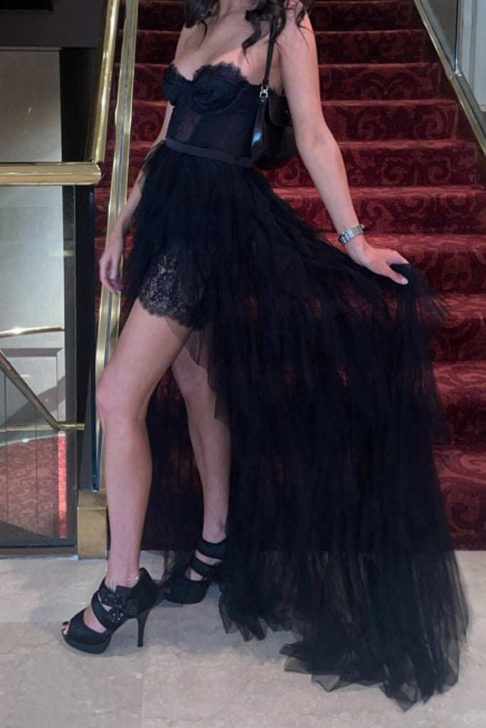 Strapless Lovely Black Tulle Lace Sweetheart Long Evening Prom Dresses, MR0201