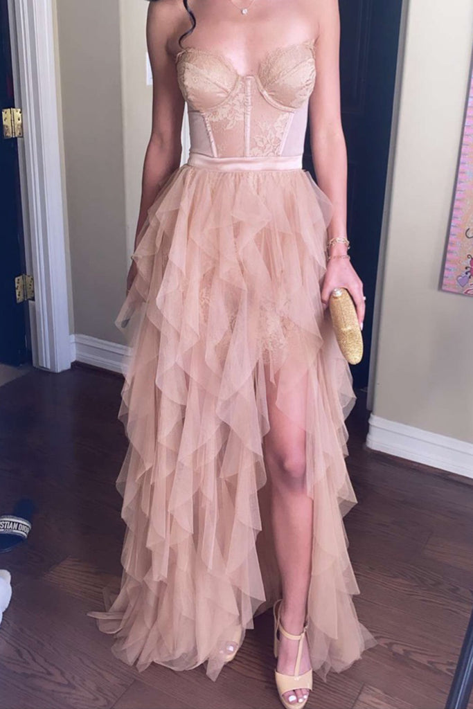 Sweetheart Taupe Tulle Strapless Long Evening Prom Dresses, MR0203