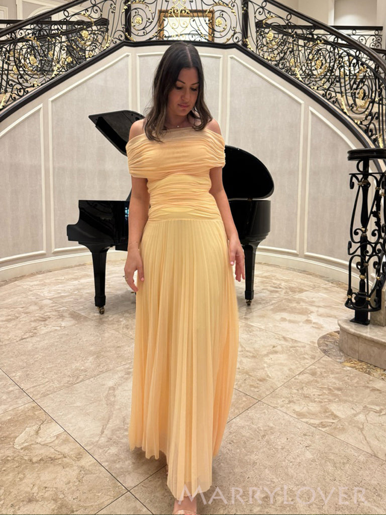 Simple Off Shoulder Yellow Chiffon Long Evening Prom Dresses, MR0204