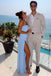 Blue Chiffon Strapless High Slit Long Simple Evening Prom Dresses, MR0205