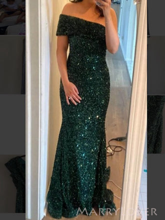 Dark Green Sequins Mermaid Off Shoulder Long Evening Prom Dresses, MR0209