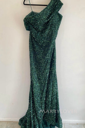 Dark Green Sequins Mermaid Off Shoulder Long Evening Prom Dresses, MR0209