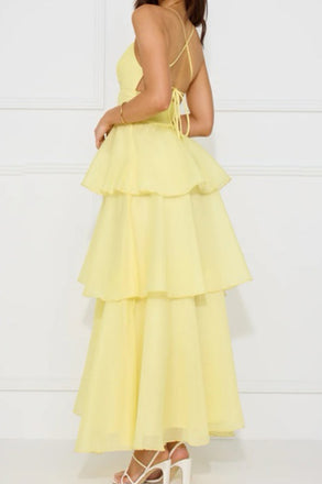 Yellow Chiffon A-line V-neck Long Evening Prom Dresses, MR0213