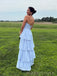 Strapless Blue Chiffon A-line Long Simple Evening Prom Dresses, MR0214