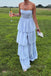 Strapless Blue Chiffon A-line Long Simple Evening Prom Dresses, MR0214