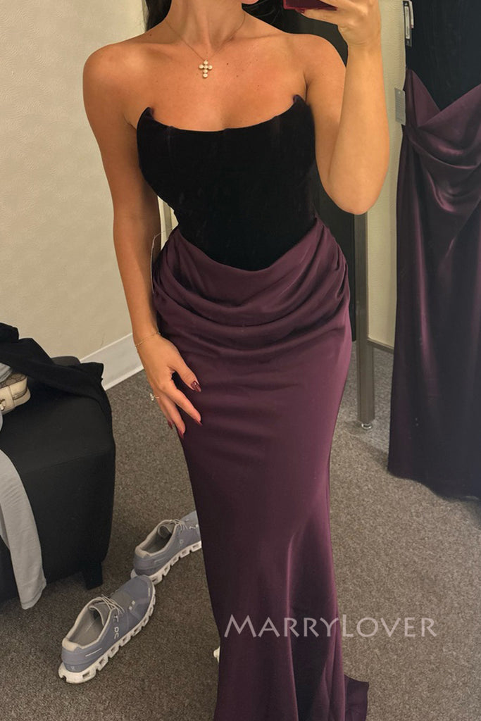 Elegant Purple Velvet Satin Mermaid Long Strapless Evening Prom Dresses, MR0215