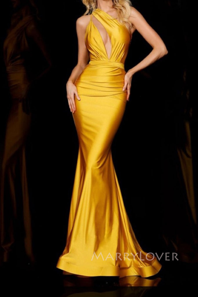 Mermaid One Shoulder Satin Long Evening Prom Dresses, MR0226
