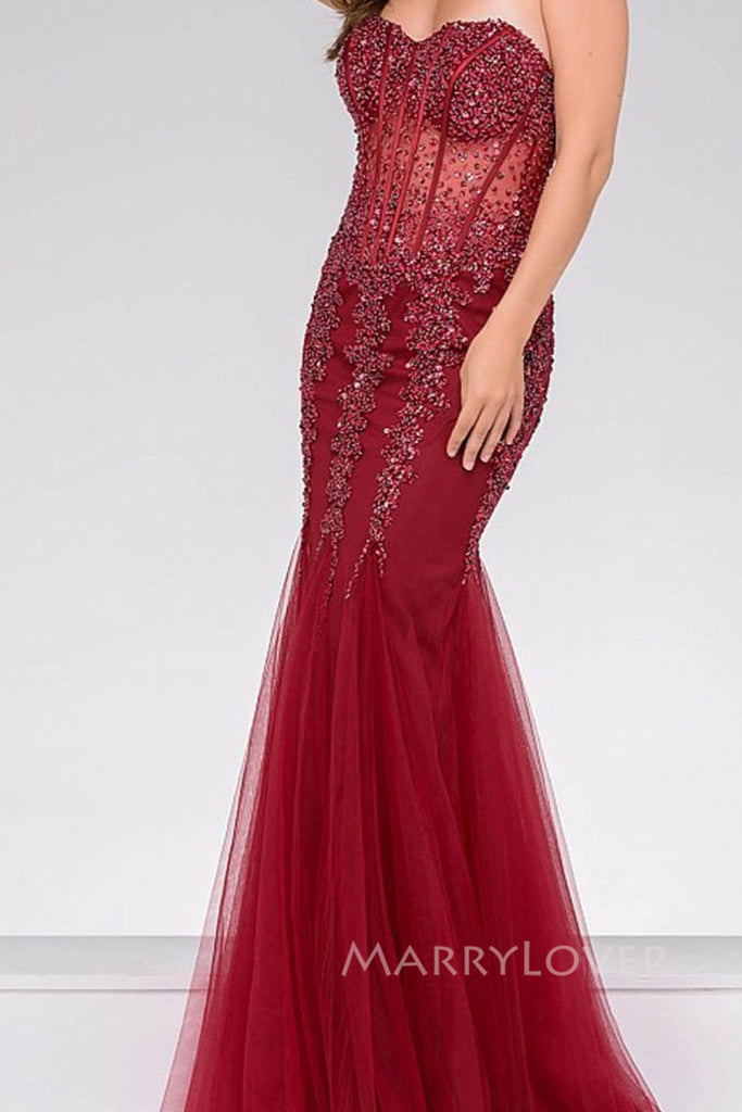 Burgundy Tulle Beaded Sweetheart Long Evening Prom Dresses, Mermaid Prom Dress, MR0228