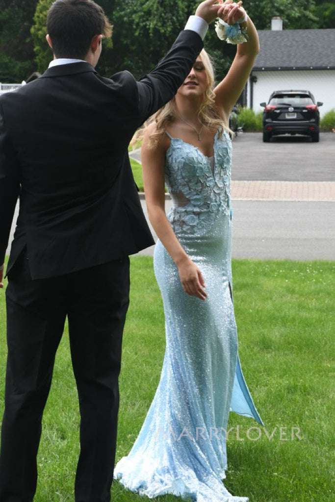 Formal Blue Sequins Appliques Mermaid Long Evening Prom Dresses, V-neck Prom Dress, MR0231