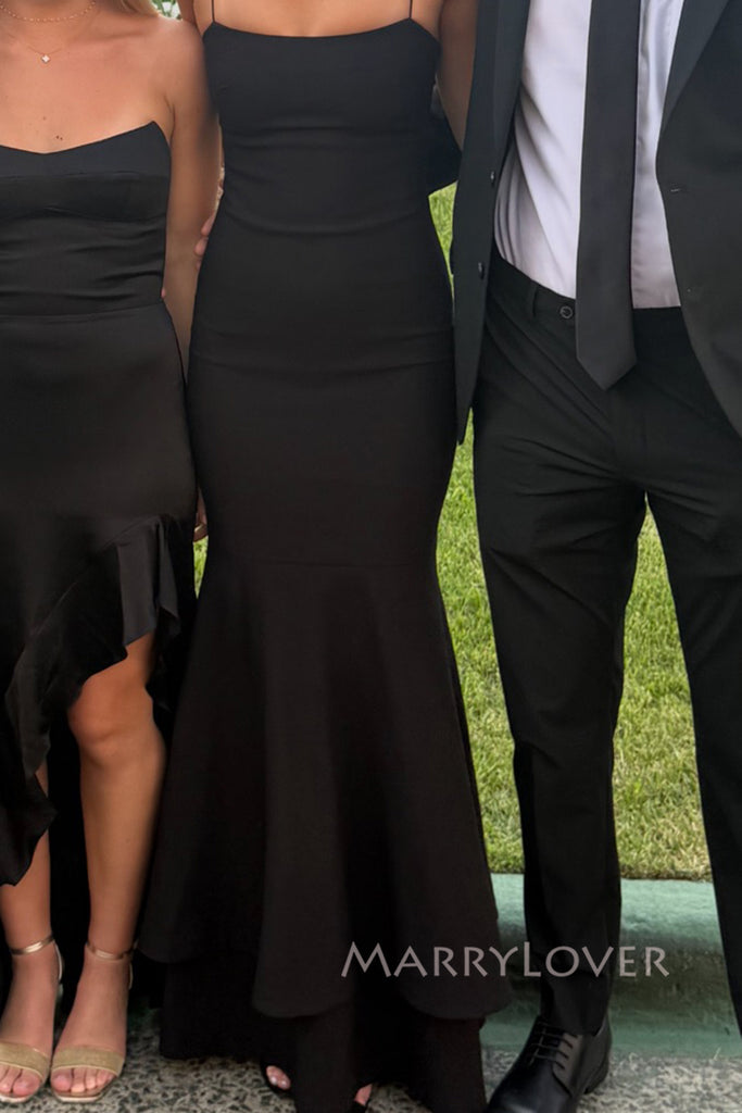 Elegant Spaghetti Straps Mermaid Black Long Evening Prom Dresses, MR0233