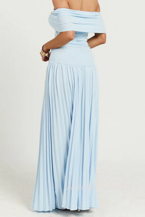 Blue Chiffon Off Shoulder Long Simple Evening Prom Dresses, MR0236