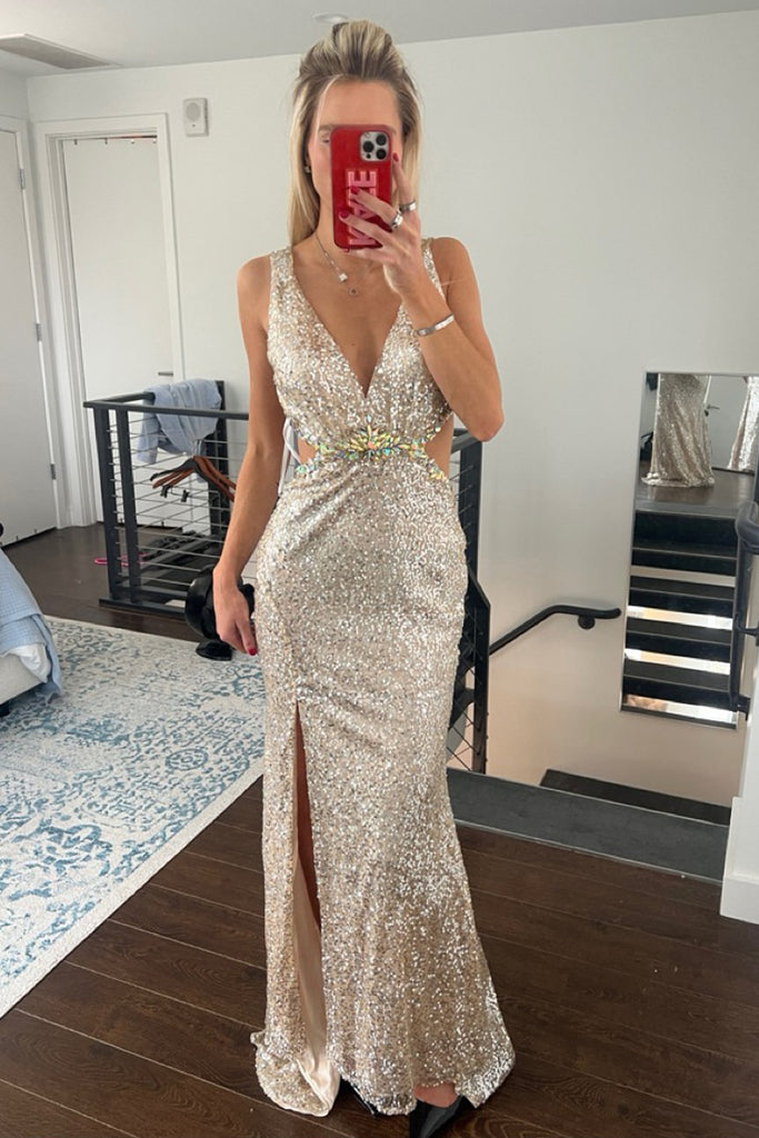 Champagne Gold Sequins Beaded Mermaid Backless Long Evening Prom Dresses, MR0240